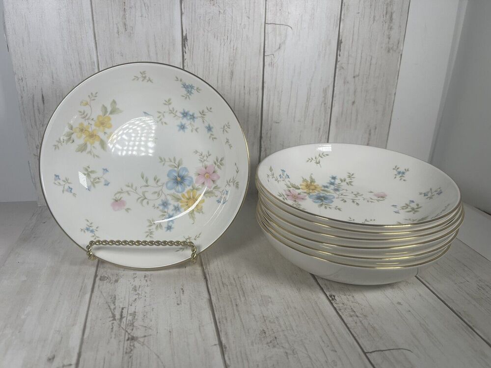 7 Royal Doulton ELEGY Soup/pasta Bowls - Pastel Flowers Butterfly Gold Trim